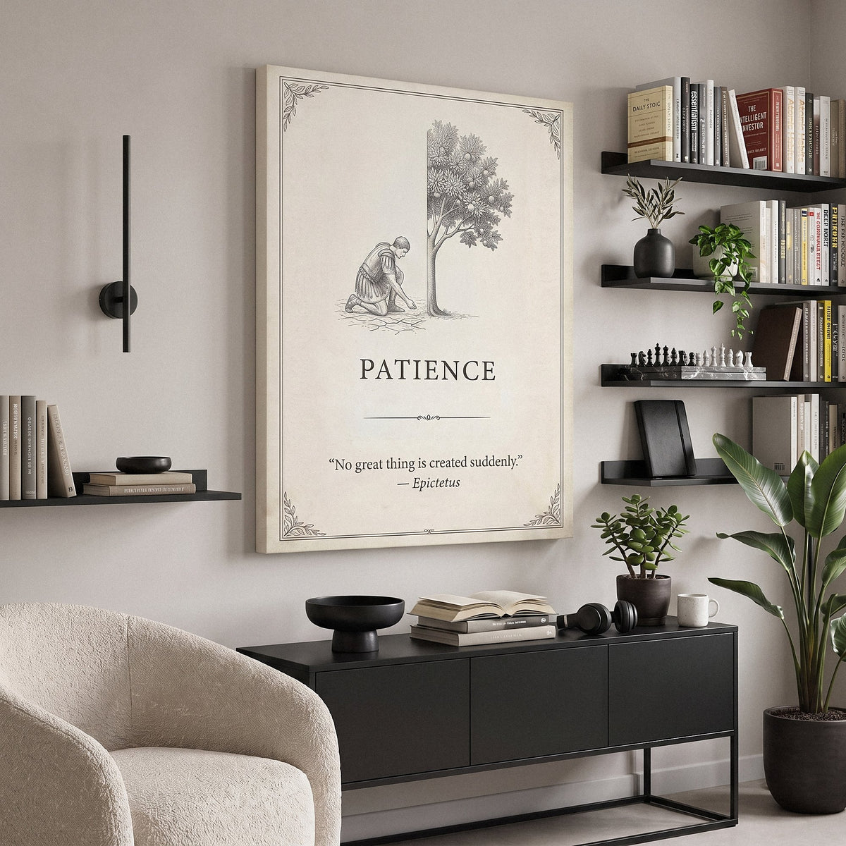 Seed Of Patience quote canvas beside black bookshelves in a reading corner