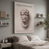 Seneca Time Is Your Only Asset Stoic canvas wall art in a bedroom