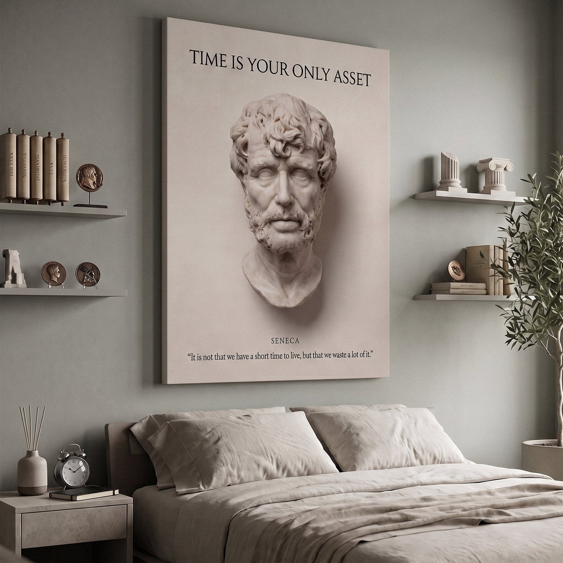 Seneca Time Is Your Only Asset Stoic canvas wall art in a bedroom