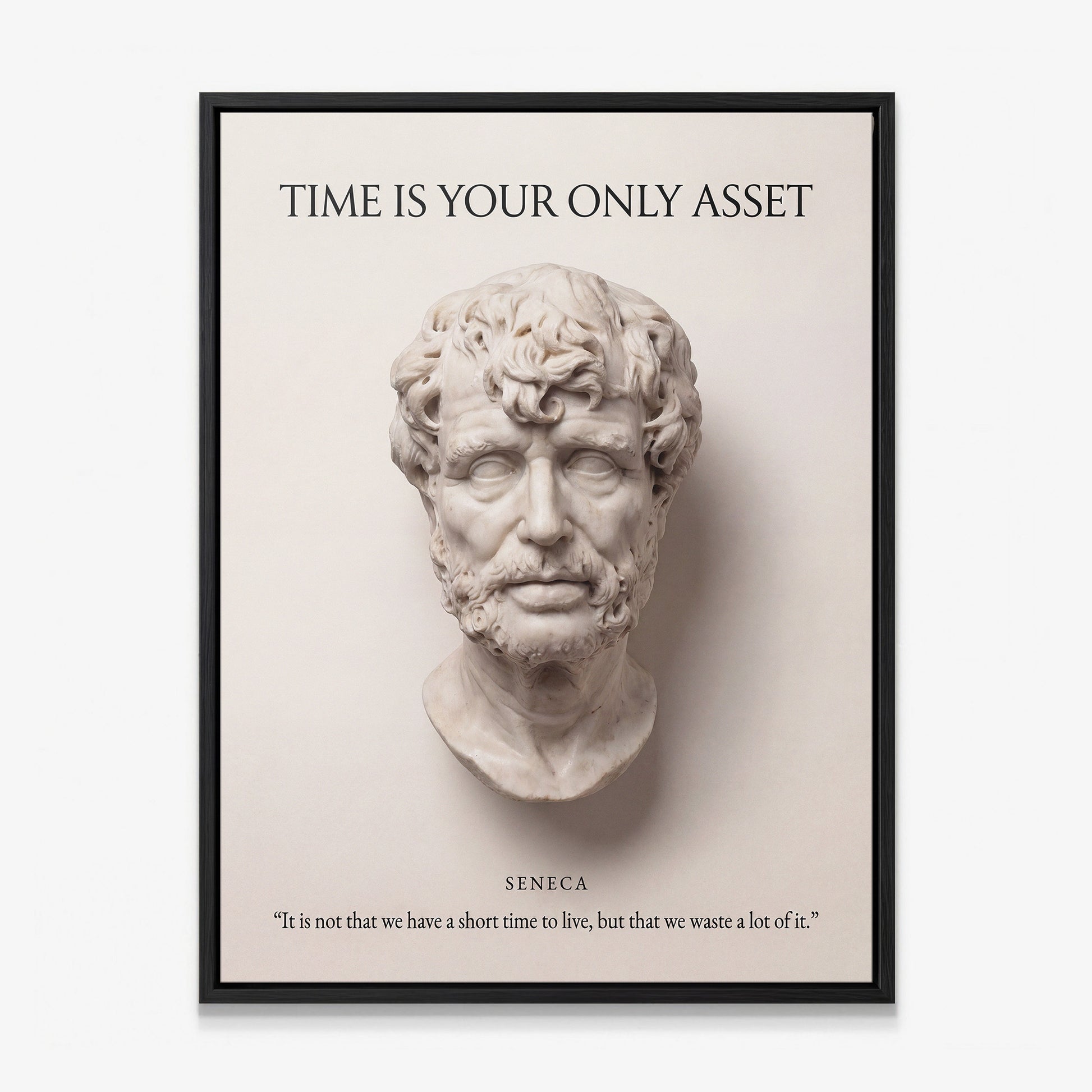 Seneca Time Is Your Only Asset Stoic canvas wall art in a black floating frame