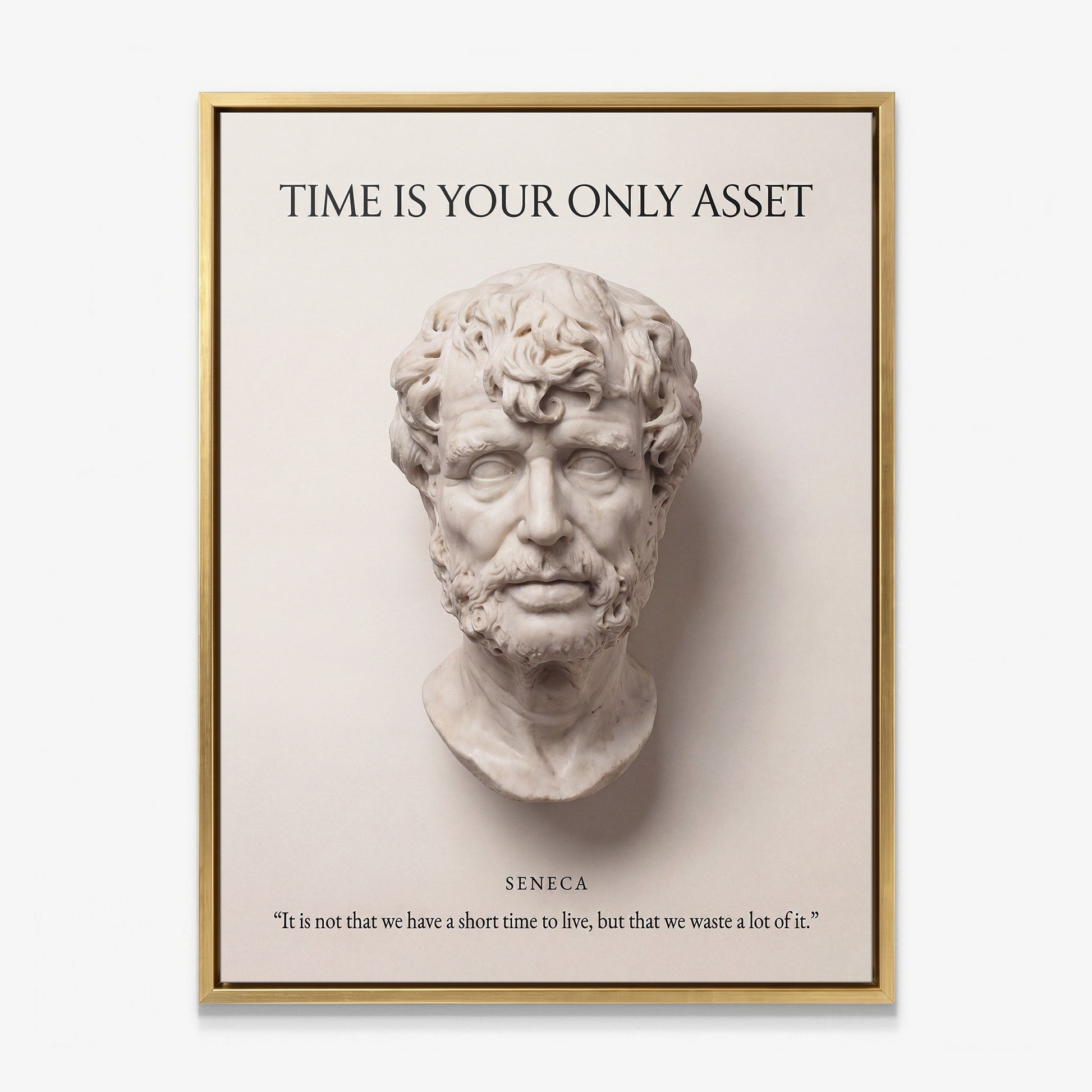 Seneca Time Is Your Only Asset Stoic canvas wall art in a gold floating frame