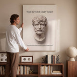 Man hanging Seneca Time Is Your Only Asset Stoic canvas wall art above a desk