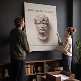 Couple hanging Seneca Time Is Your Only Asset Stoic canvas wall art in a lounge