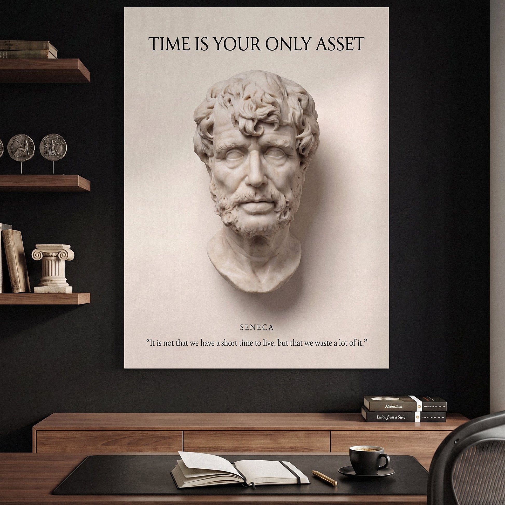 Seneca Time Is Your Only Asset Stoic quote canvas wall art in a study