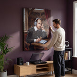 Shakespeare Sampled canvas with a person hanging it on the wall