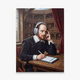 Shakespeare Sampled canvas wall art, an oil painting of Shakespeare in headphones editing Hamlet on a tablet at the Globe