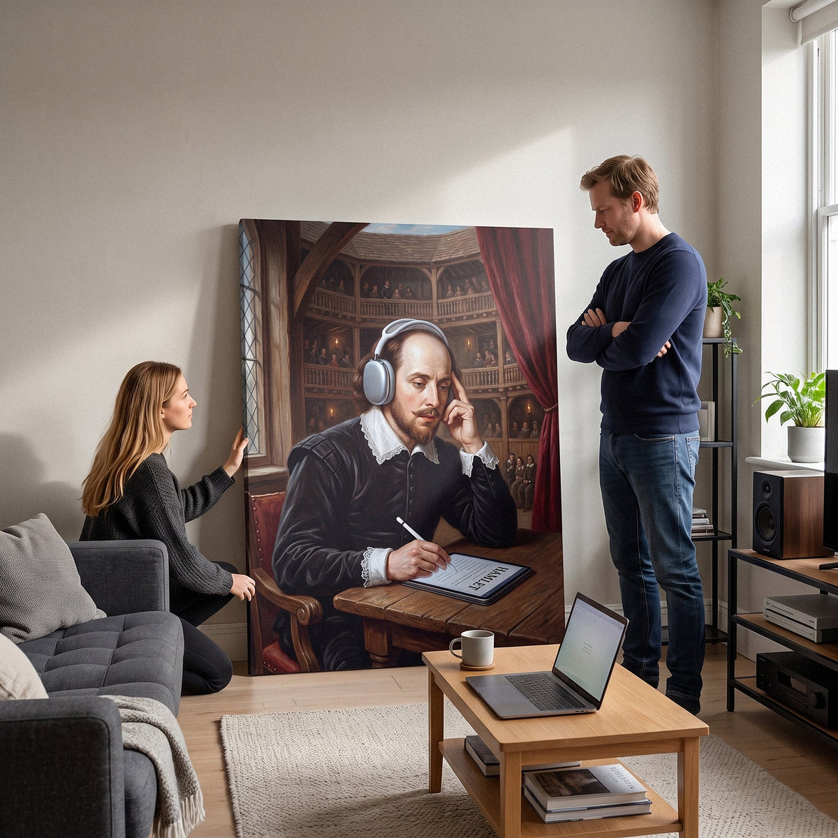 Shakespeare Sampled canvas standing on the floor of a living room with two people