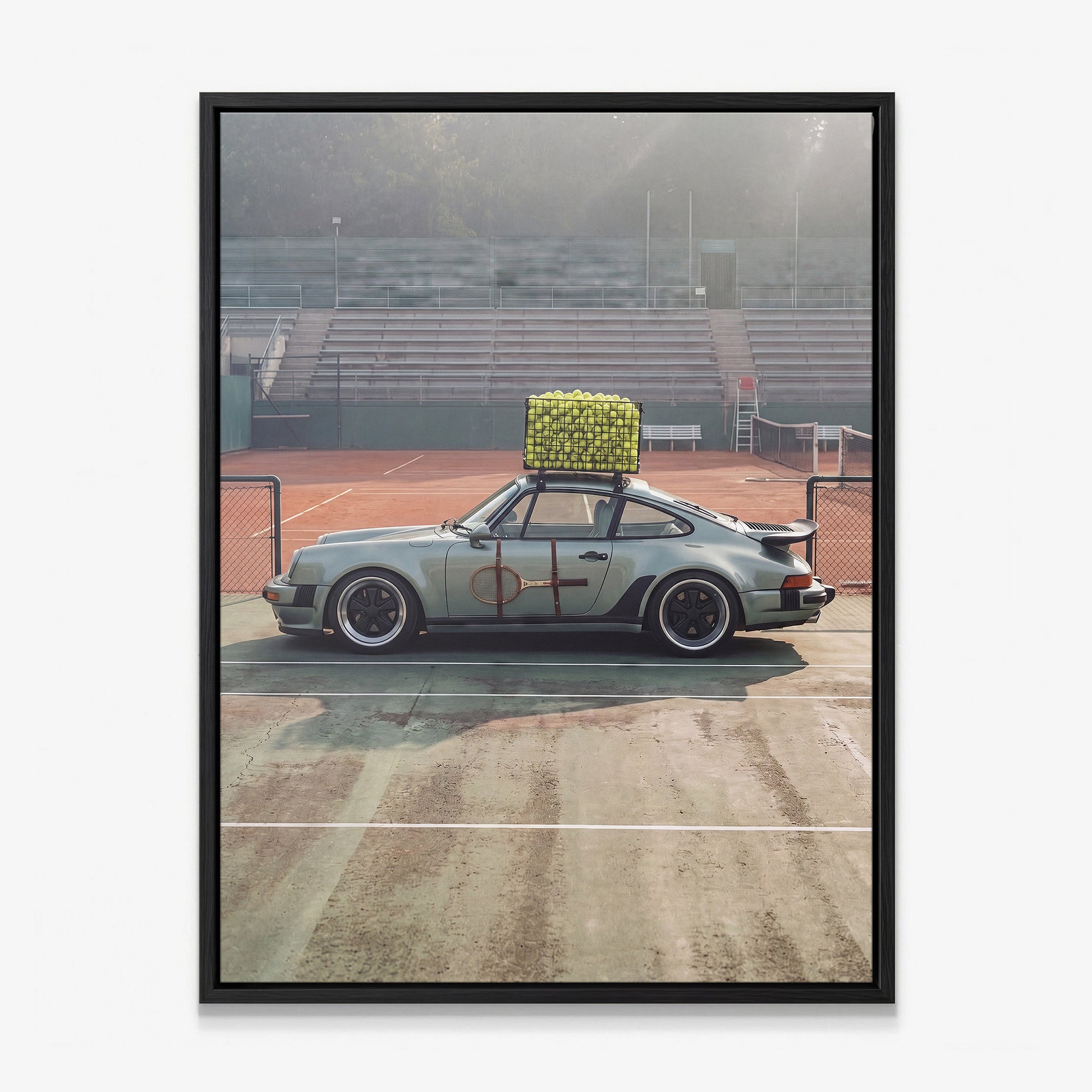 Sideline Out tennis car canvas in a black floating frame