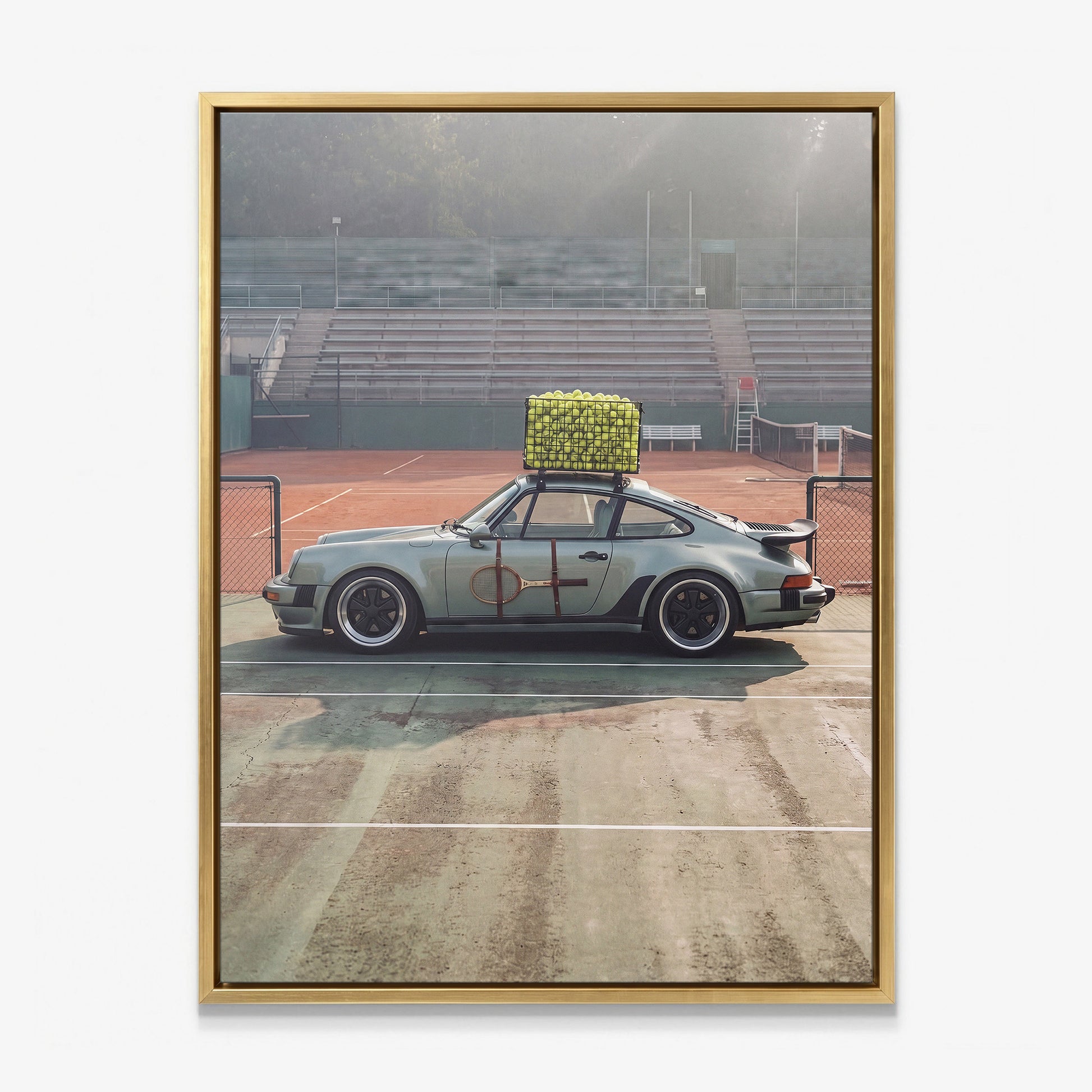 Sideline Out tennis car canvas in a gold floating frame