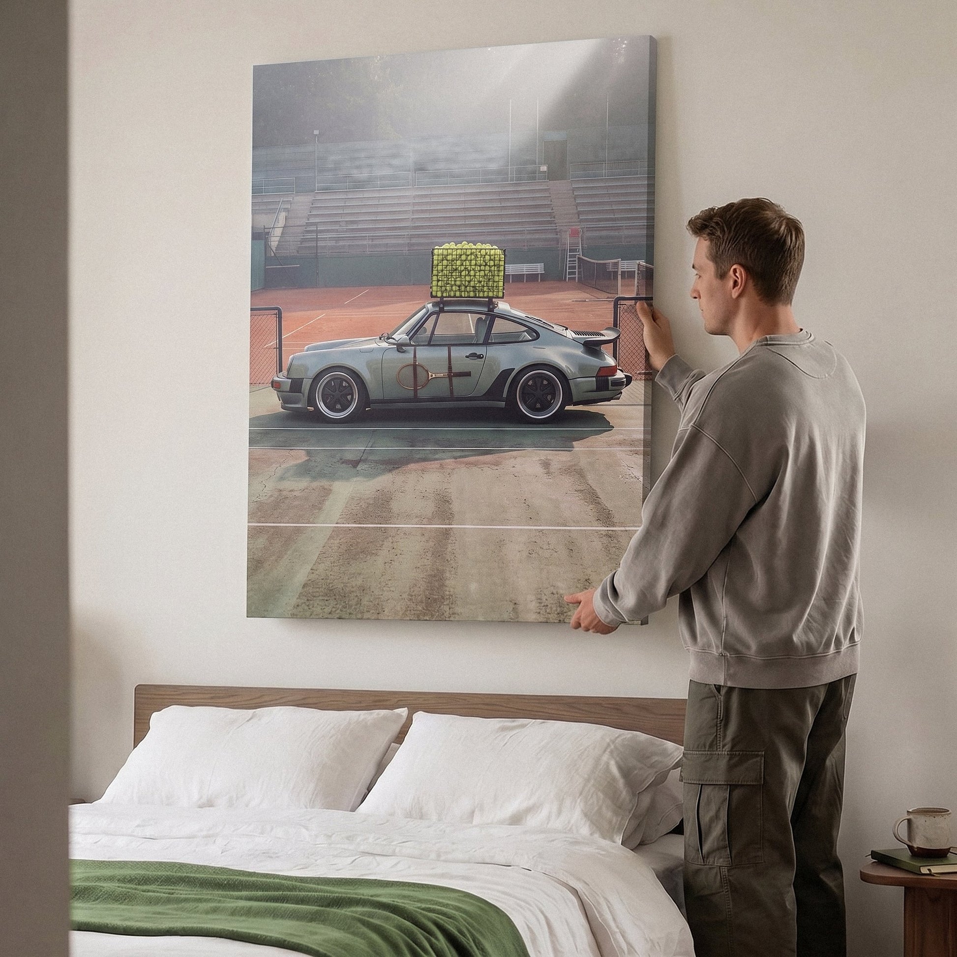 Person holding the Sideline Out tennis car canvas print against a wall