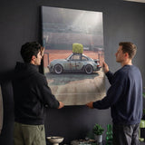 Two people holding the Sideline Out tennis car canvas print in a living room