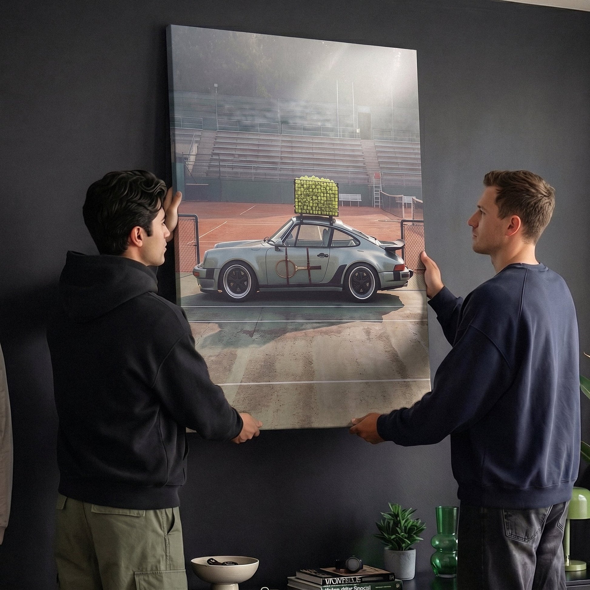 Two people holding the Sideline Out tennis car canvas print in a living room