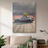 Sideline Out tennis car canvas on a wall above a console