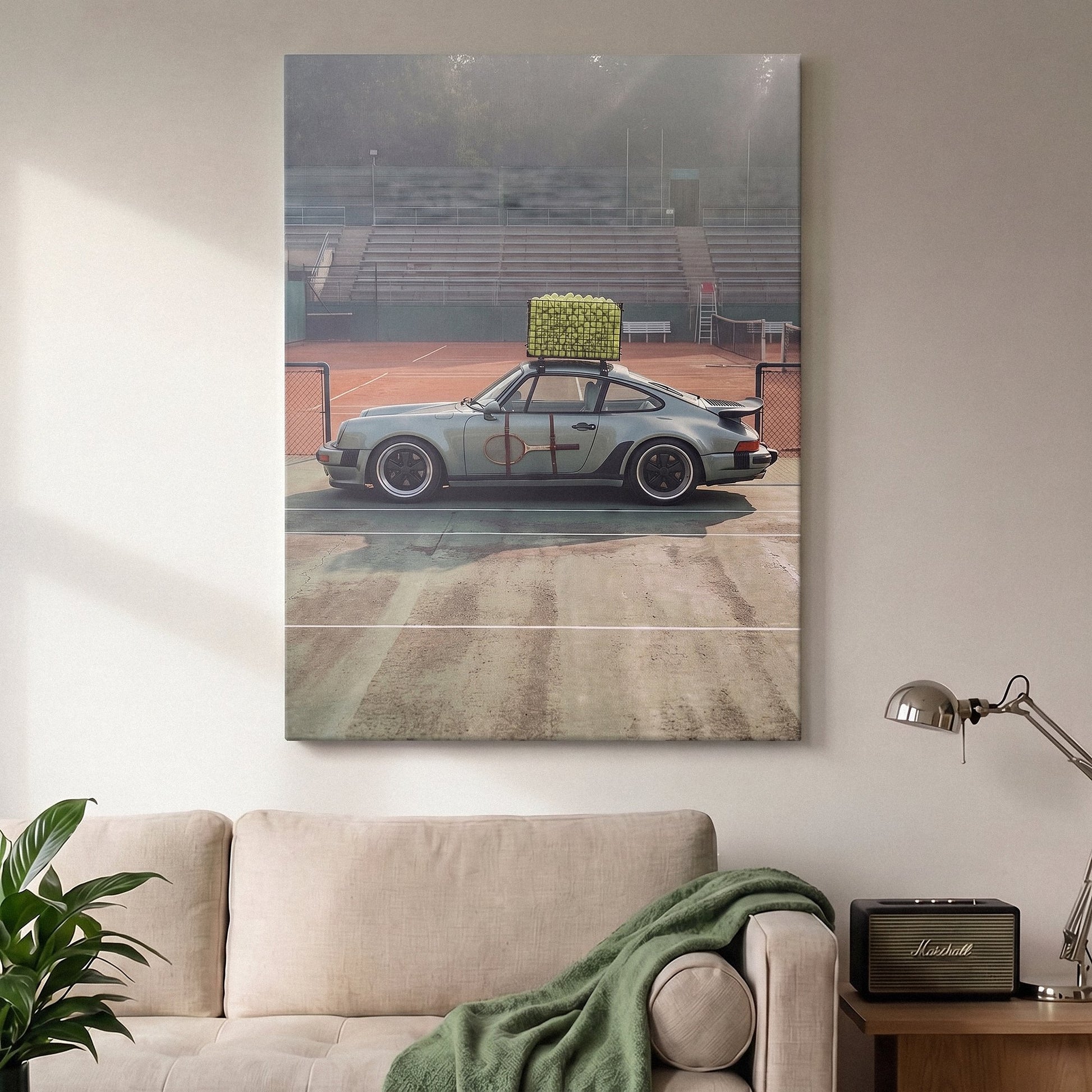 Sideline Out tennis car canvas on a wall above a console