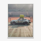 Sideline Out tennis car canvas in a white floating frame