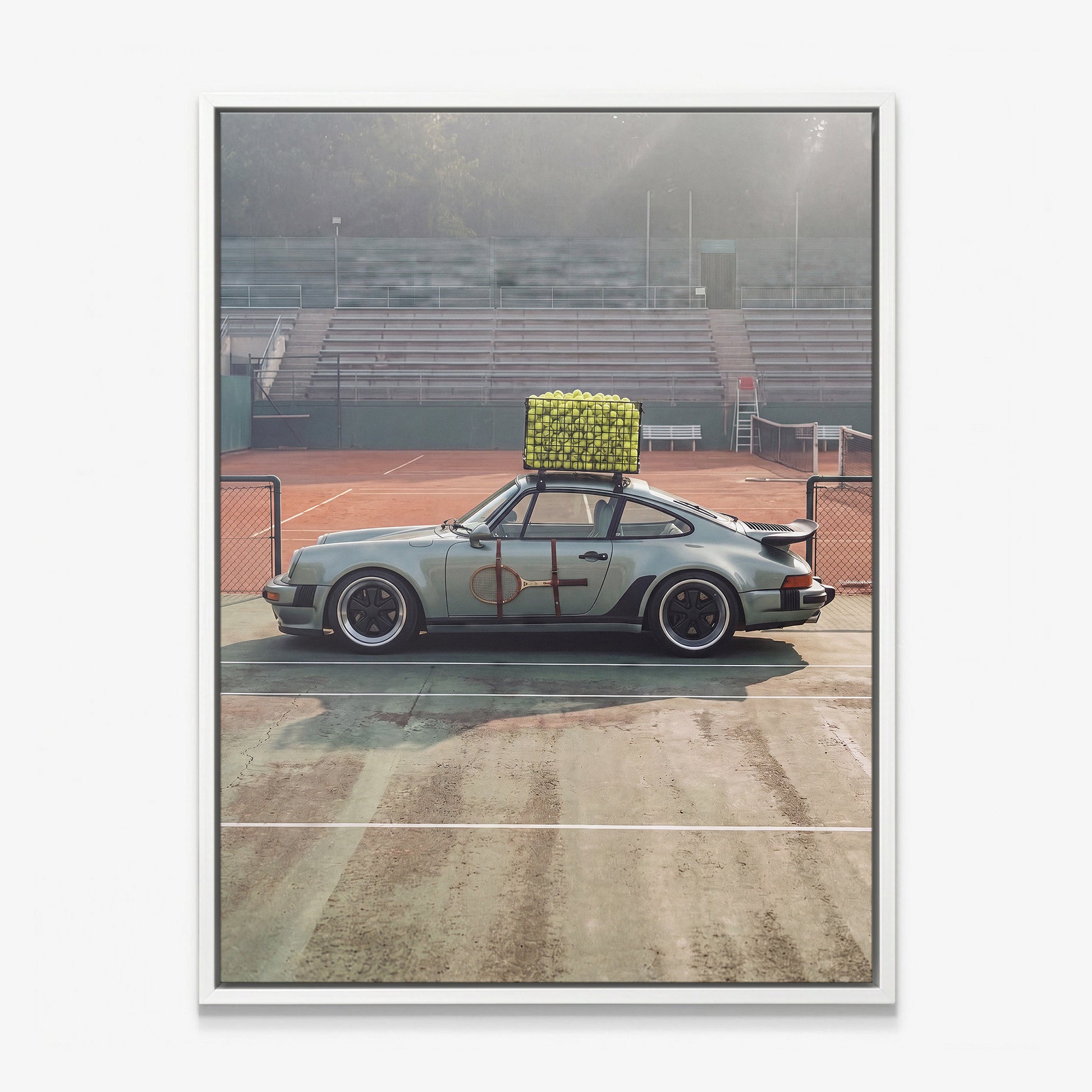 Sideline Out tennis car canvas in a white floating frame