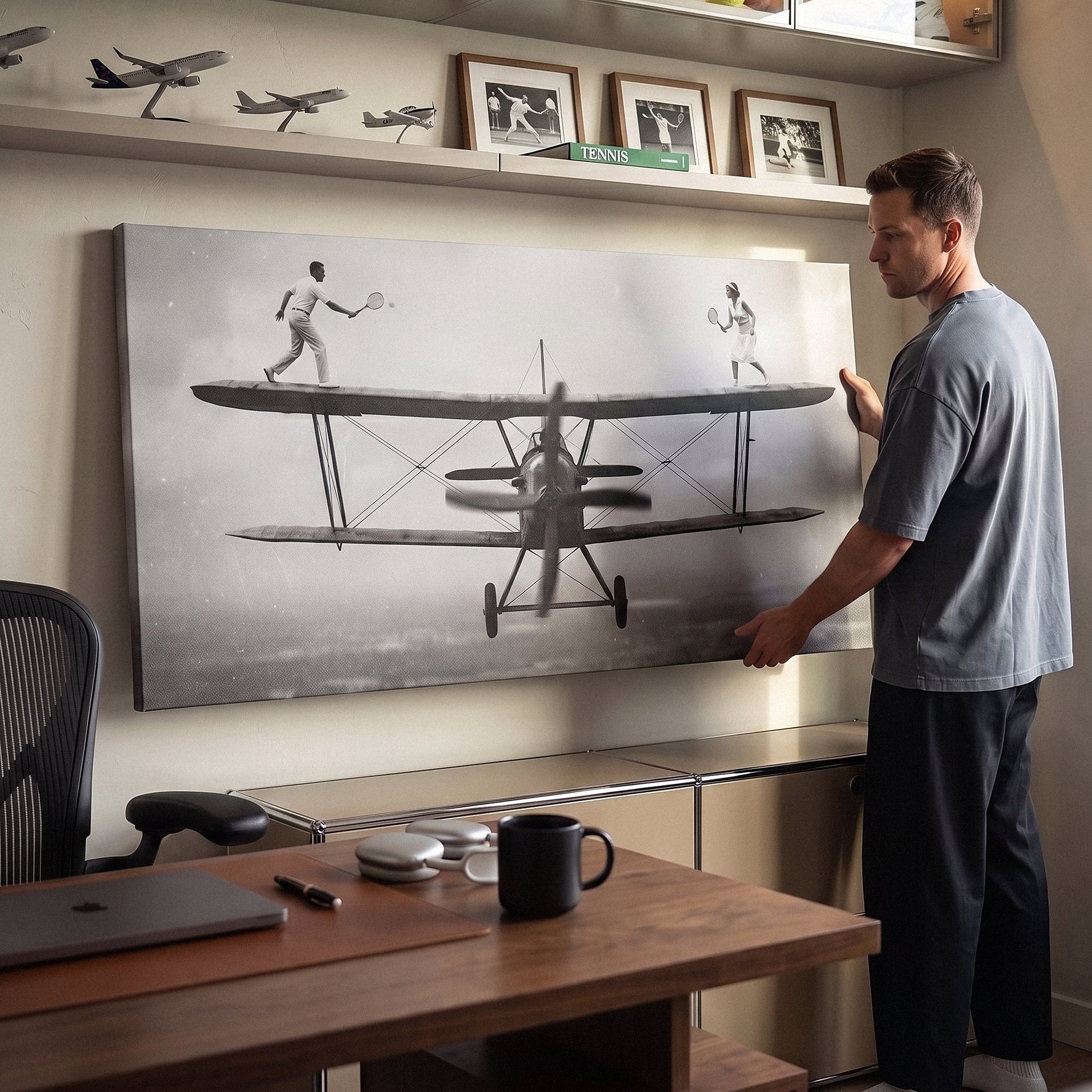 Sky Match tennis canvas above a home office desk