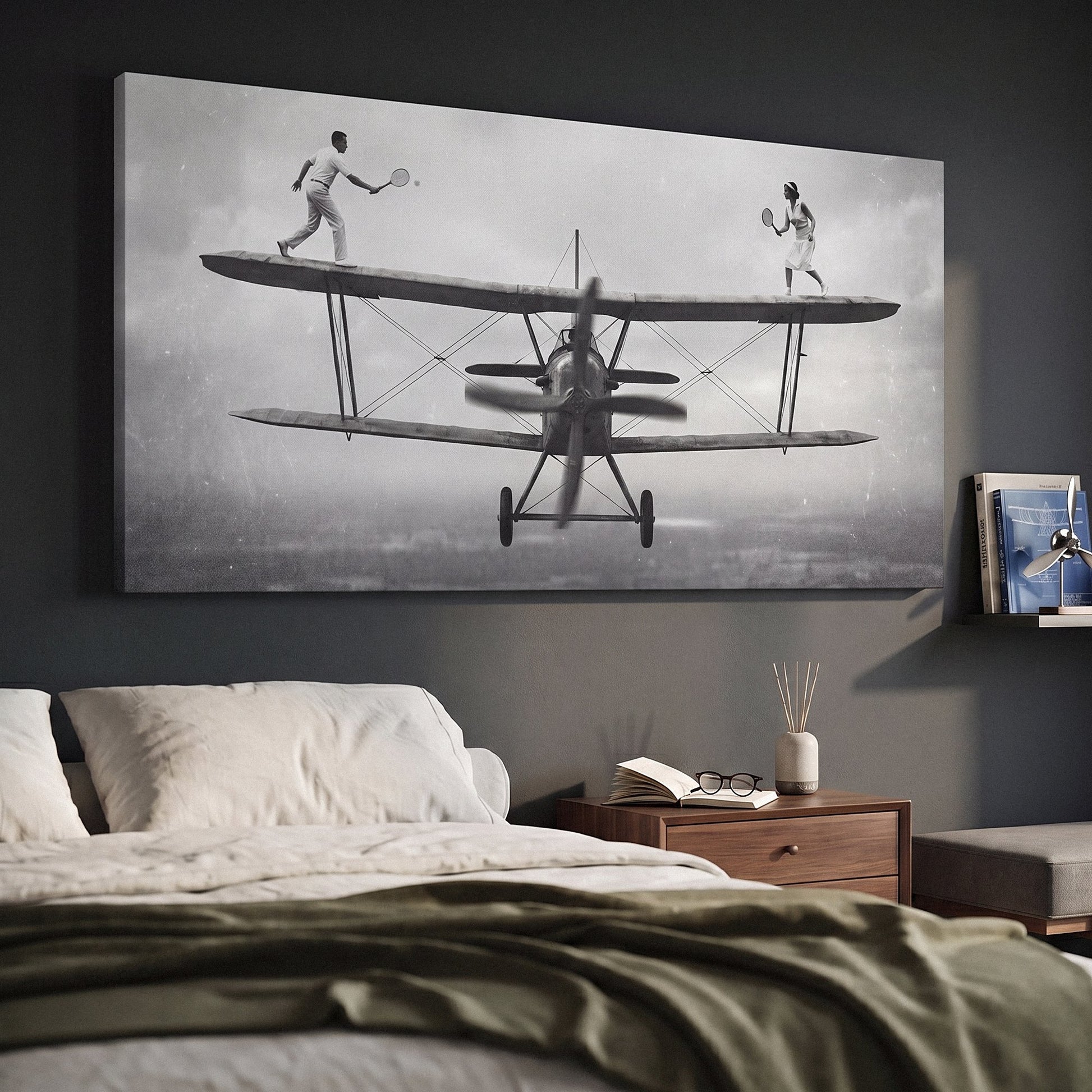 Sky Match tennis canvas at an angle on a wall