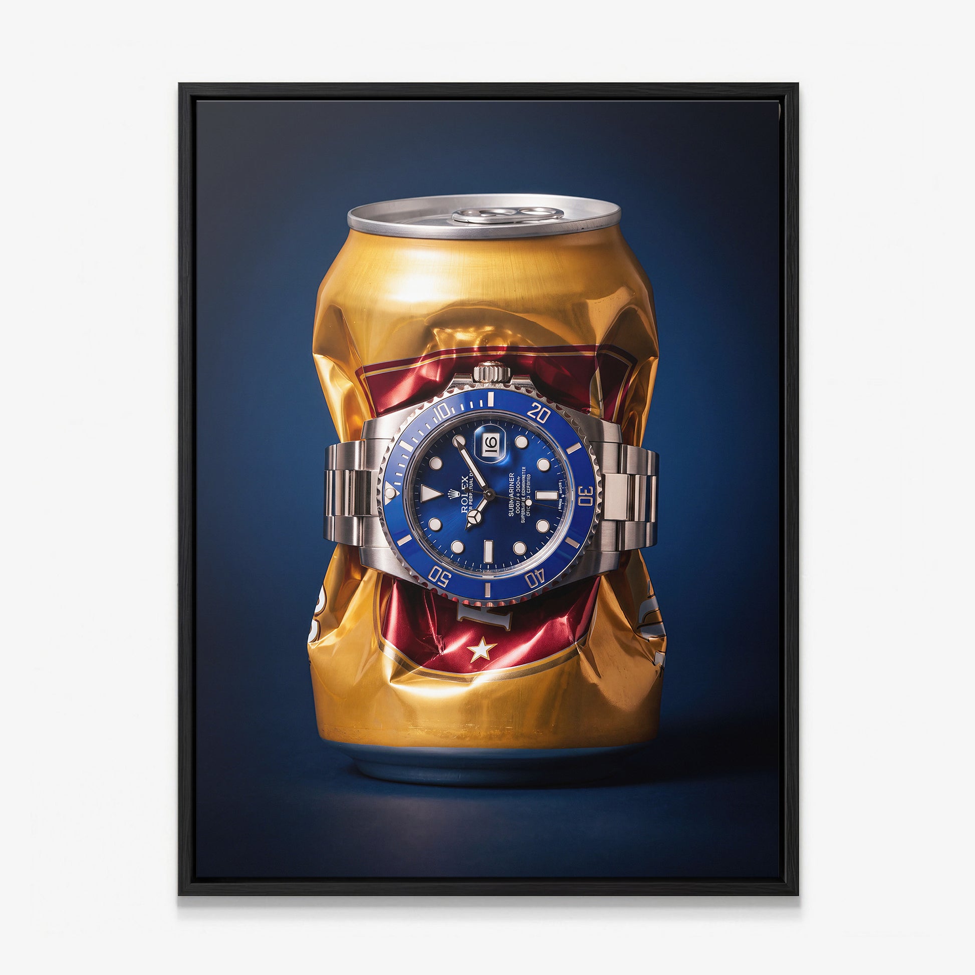 Still Ticking crushed gold can with a blue dial steel dive watch canvas wall art in a black floating frame