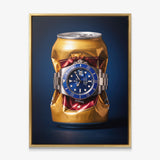 Still Ticking crushed gold can with a blue dial steel dive watch canvas wall art in a gold floating frame