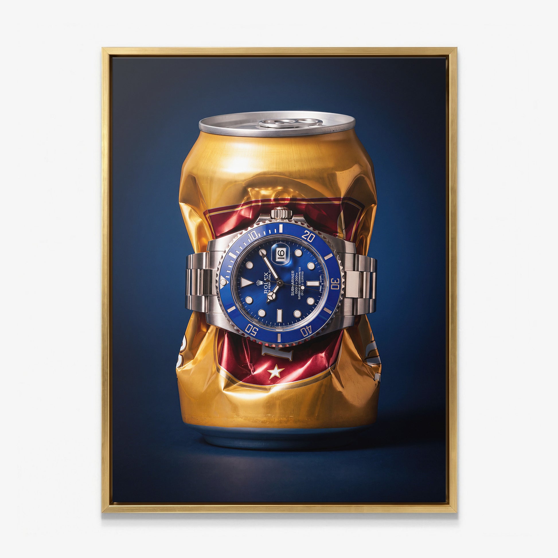 Still Ticking crushed gold can with a blue dial steel dive watch canvas wall art in a gold floating frame