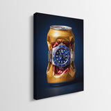 Still Ticking crushed gold can with a blue dial steel dive watch canvas wall art side profile showing the gallery wrapped edge
