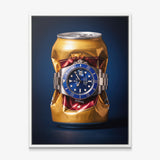 Still Ticking crushed gold can with a blue dial steel dive watch canvas wall art in a white floating frame