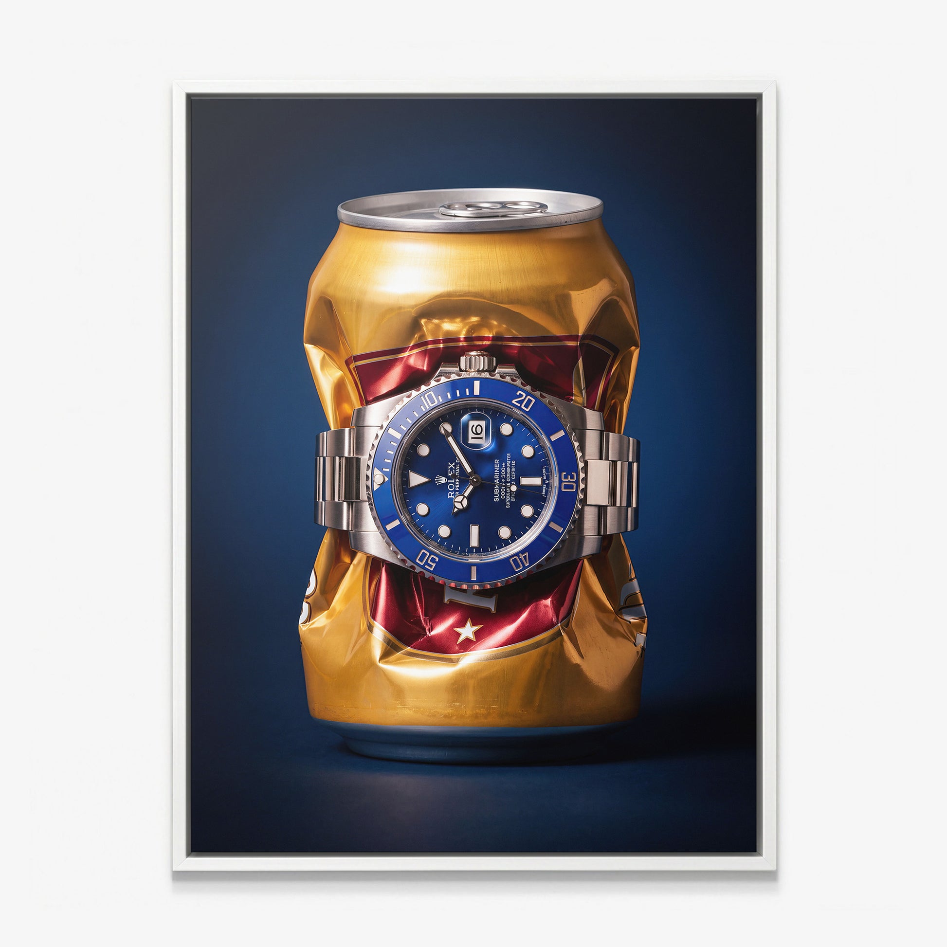 Still Ticking crushed gold can with a blue dial steel dive watch canvas wall art in a white floating frame