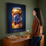 Still Ticking crushed gold can with a blue dial steel dive watch canvas wall art in a home interior with a person viewing it