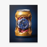 Still Ticking crushed gold can with a blue dial steel dive watch canvas wall art