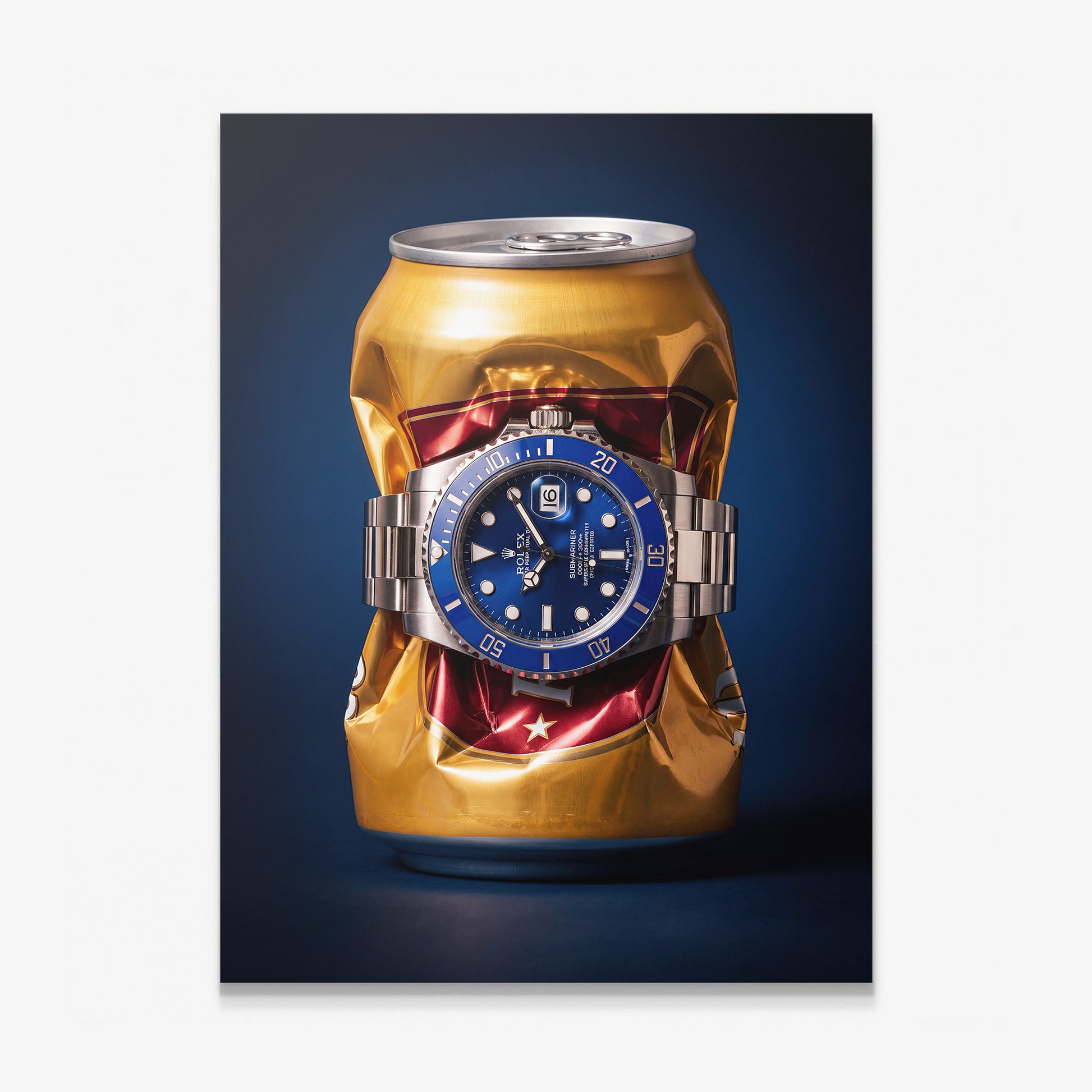 Still Ticking crushed gold can with a blue dial steel dive watch canvas wall art