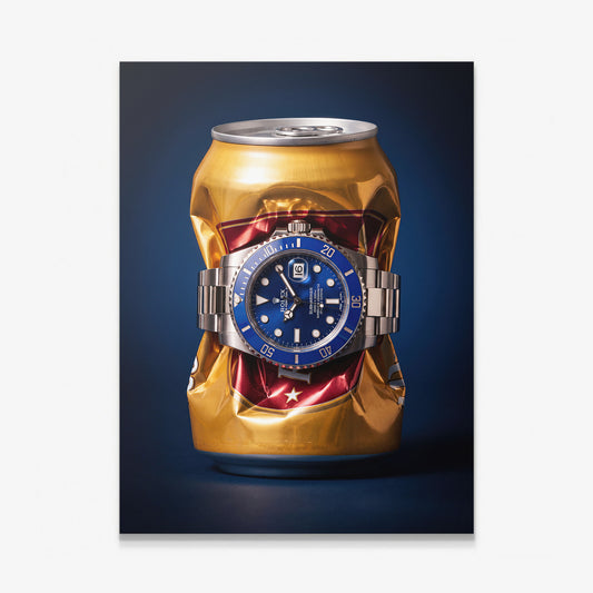 Still Ticking crushed gold can with a blue dial steel dive watch canvas wall art