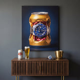 Still Ticking crushed gold can with a blue dial steel dive watch canvas wall art hanging in a styled home interior