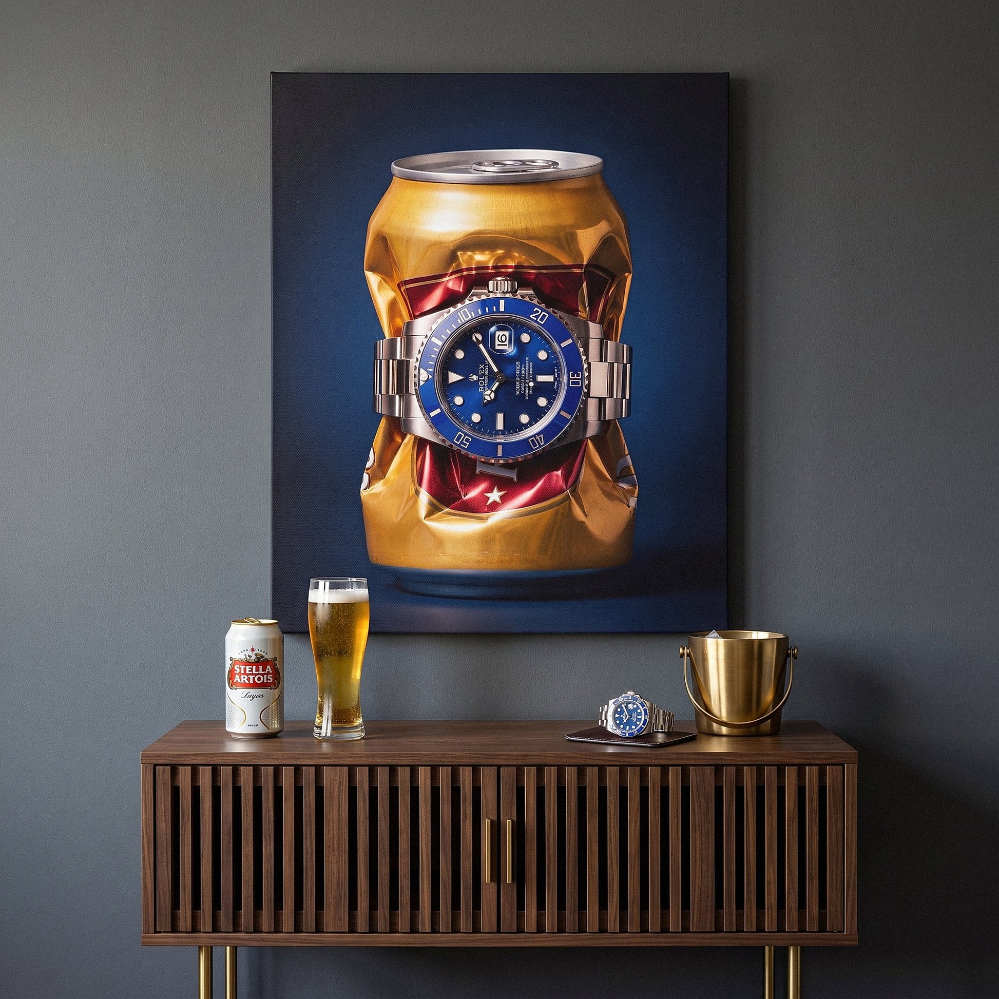 Still Ticking crushed gold can with a blue dial steel dive watch canvas wall art hanging in a styled home interior