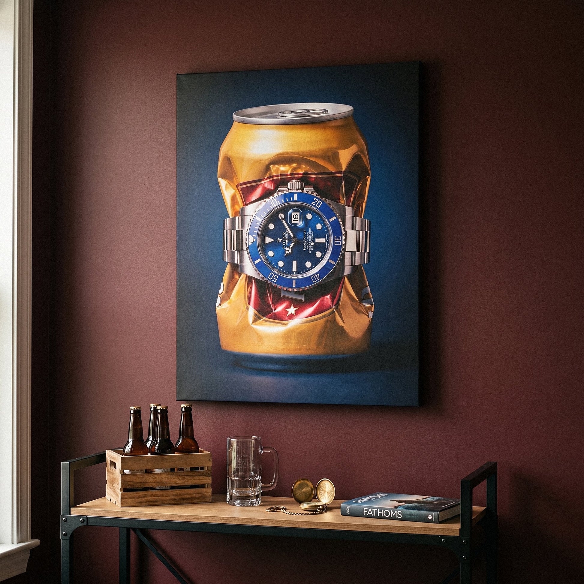 Still Ticking crushed gold can with a blue dial steel dive watch canvas wall art seen from the side on a styled wall
