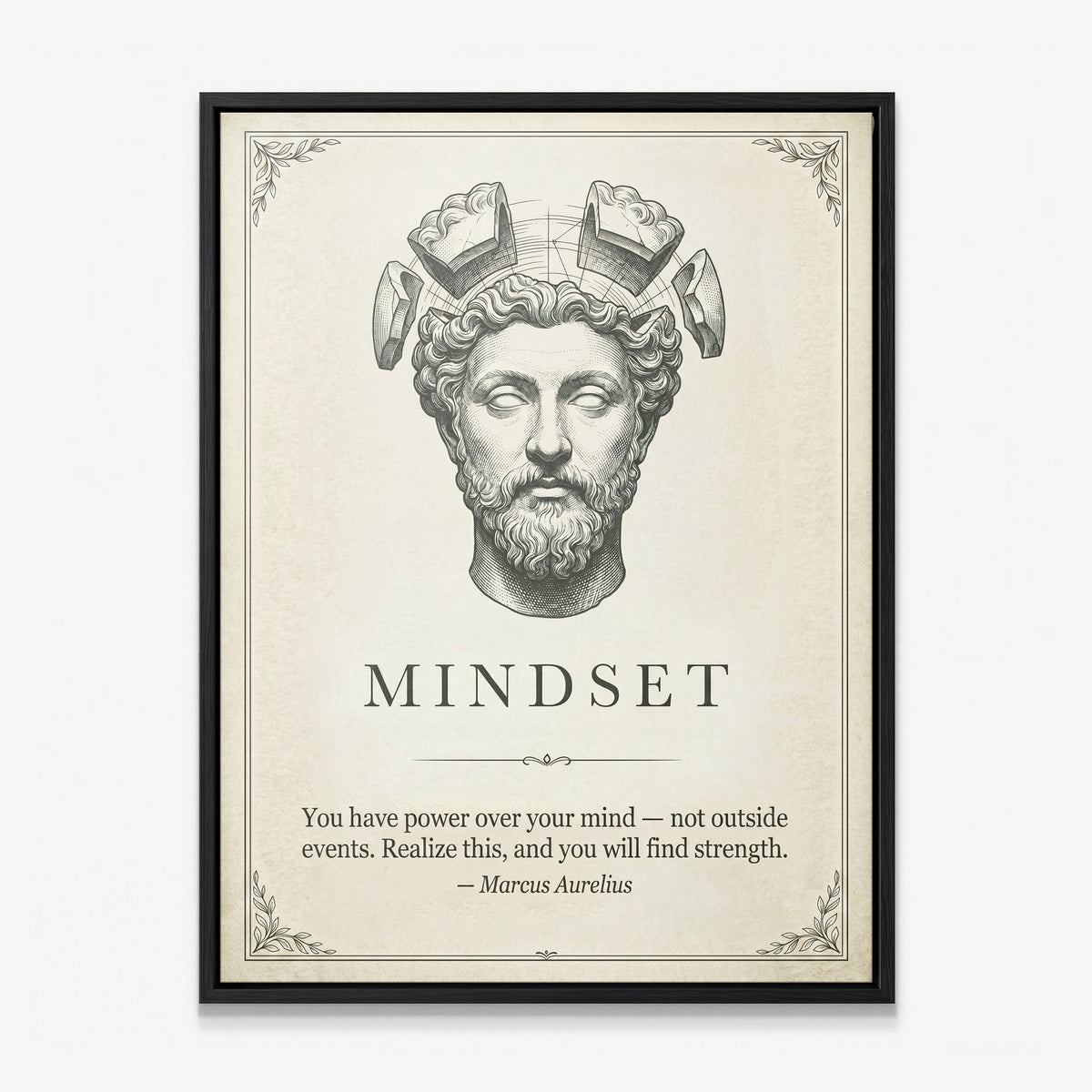 Stoic Mindset Marcus Aurelius quote canvas in a black floating frame