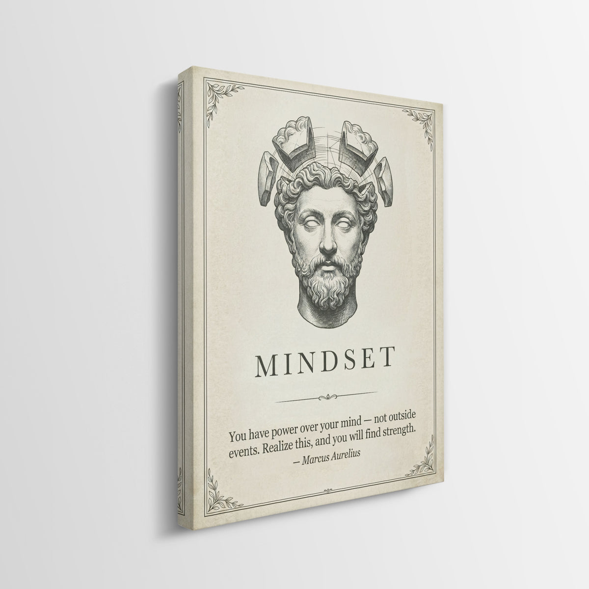 Side view of the Stoic Mindset Marcus Aurelius quote canvas showing the gallery-wrapped edge