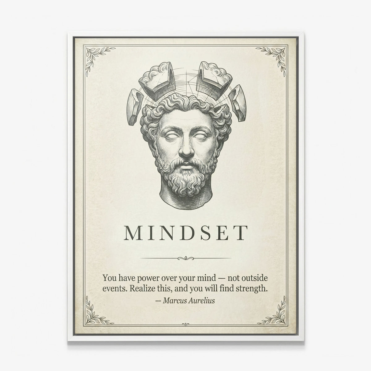 Stoic Mindset Marcus Aurelius quote canvas in a white floating frame
