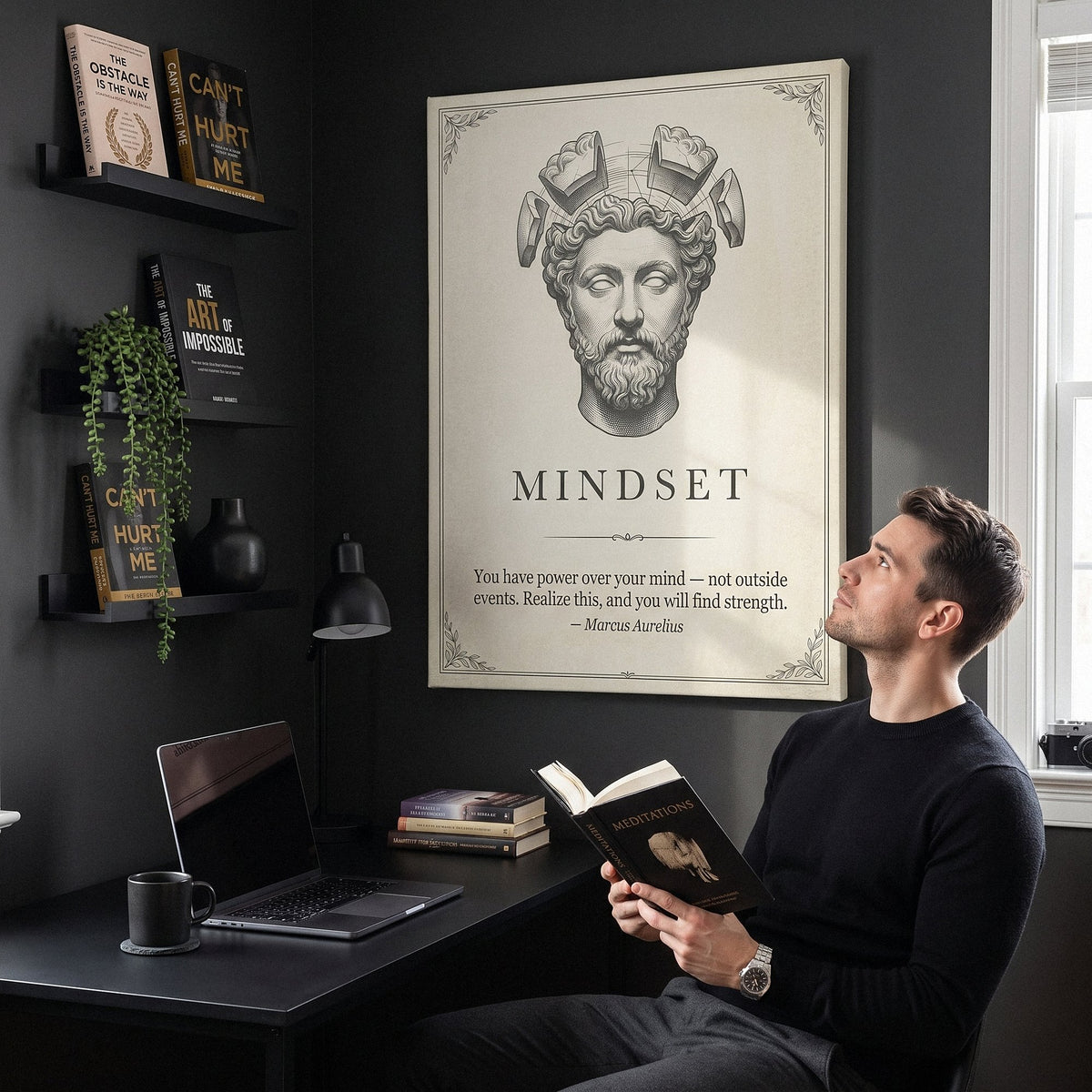 Man reading Meditations at his desk below the Stoic Mindset Marcus Aurelius canvas