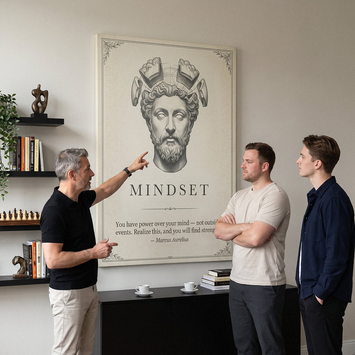 Three men discussing the Stoic Mindset Marcus Aurelius canvas in a living room