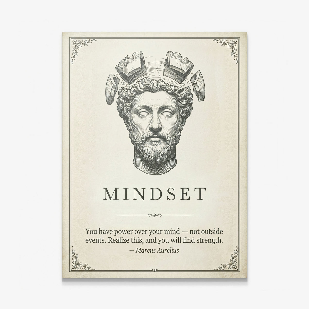 Stoic Mindset Marcus Aurelius bust quote canvas print on cream, gallery-wrapped and ready to hang