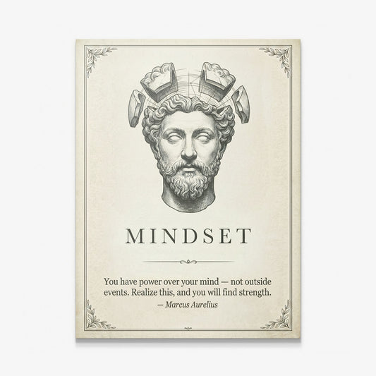 Stoic Mindset Marcus Aurelius bust quote canvas print on cream, gallery-wrapped and ready to hang
