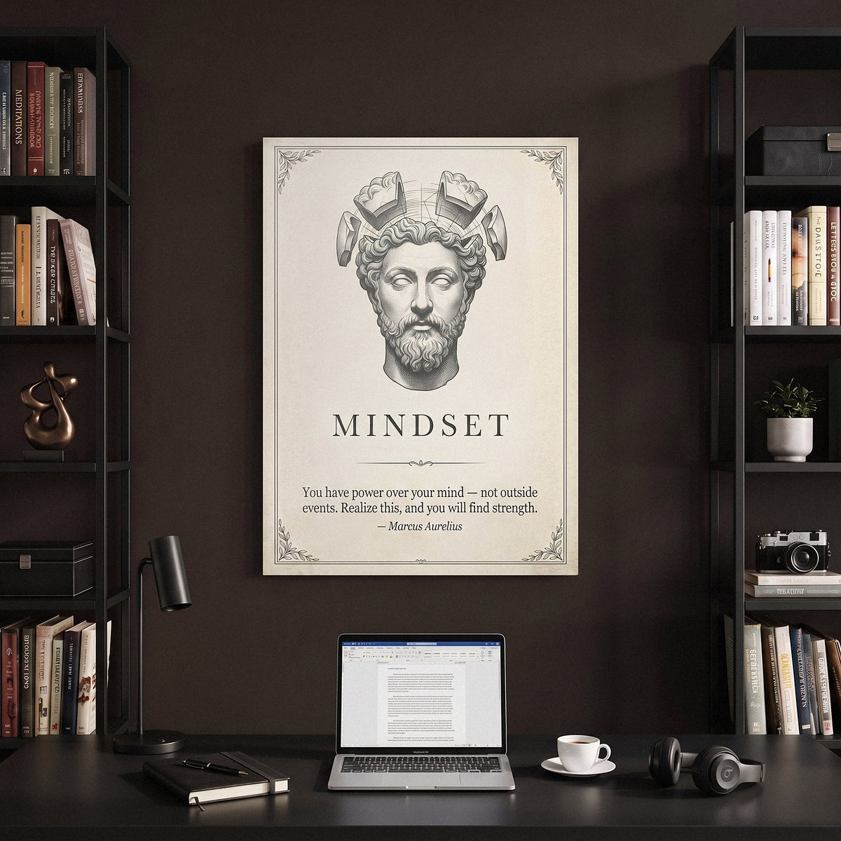 Stoic Mindset Marcus Aurelius canvas between black bookcases in a home office