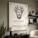 Stoic Mindset Marcus Aurelius canvas beside black shelves with a chess set in a living room