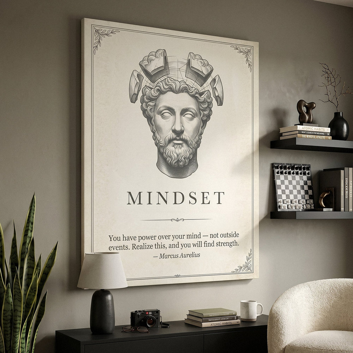 Stoic Mindset Marcus Aurelius canvas beside black shelves with a chess set in a living room