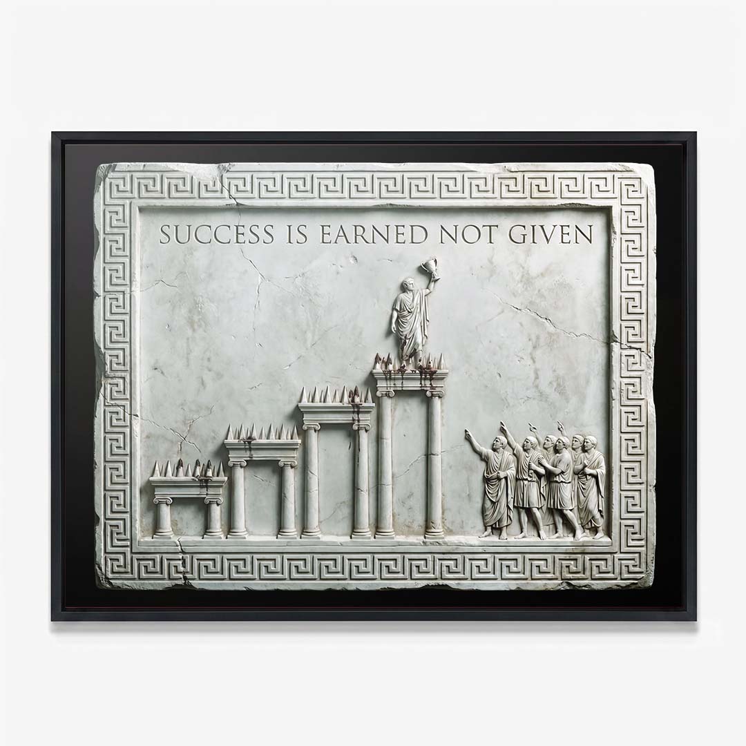 Success Is Earned Not Given marble canvas in a black floating frame