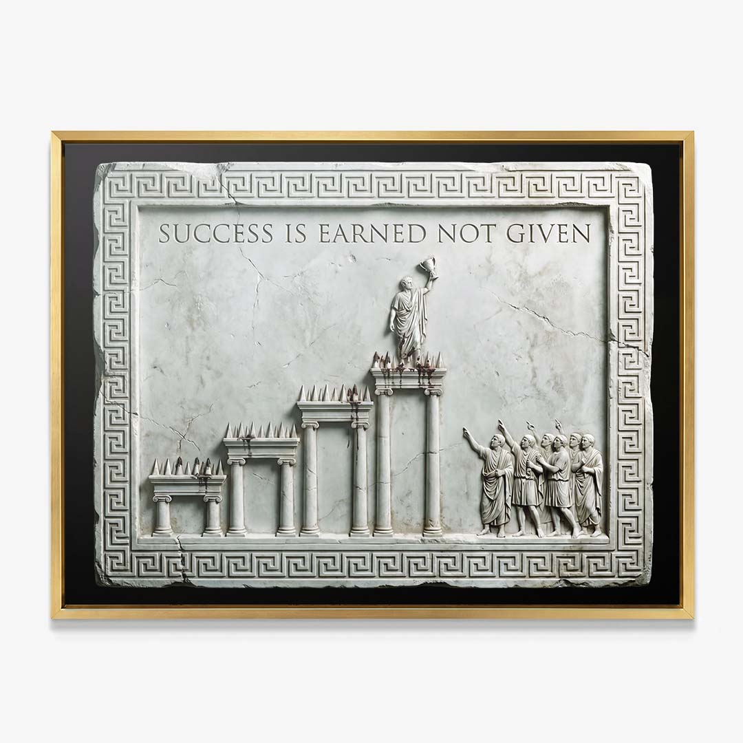 Success Is Earned Not Given marble canvas in a gold floating frame