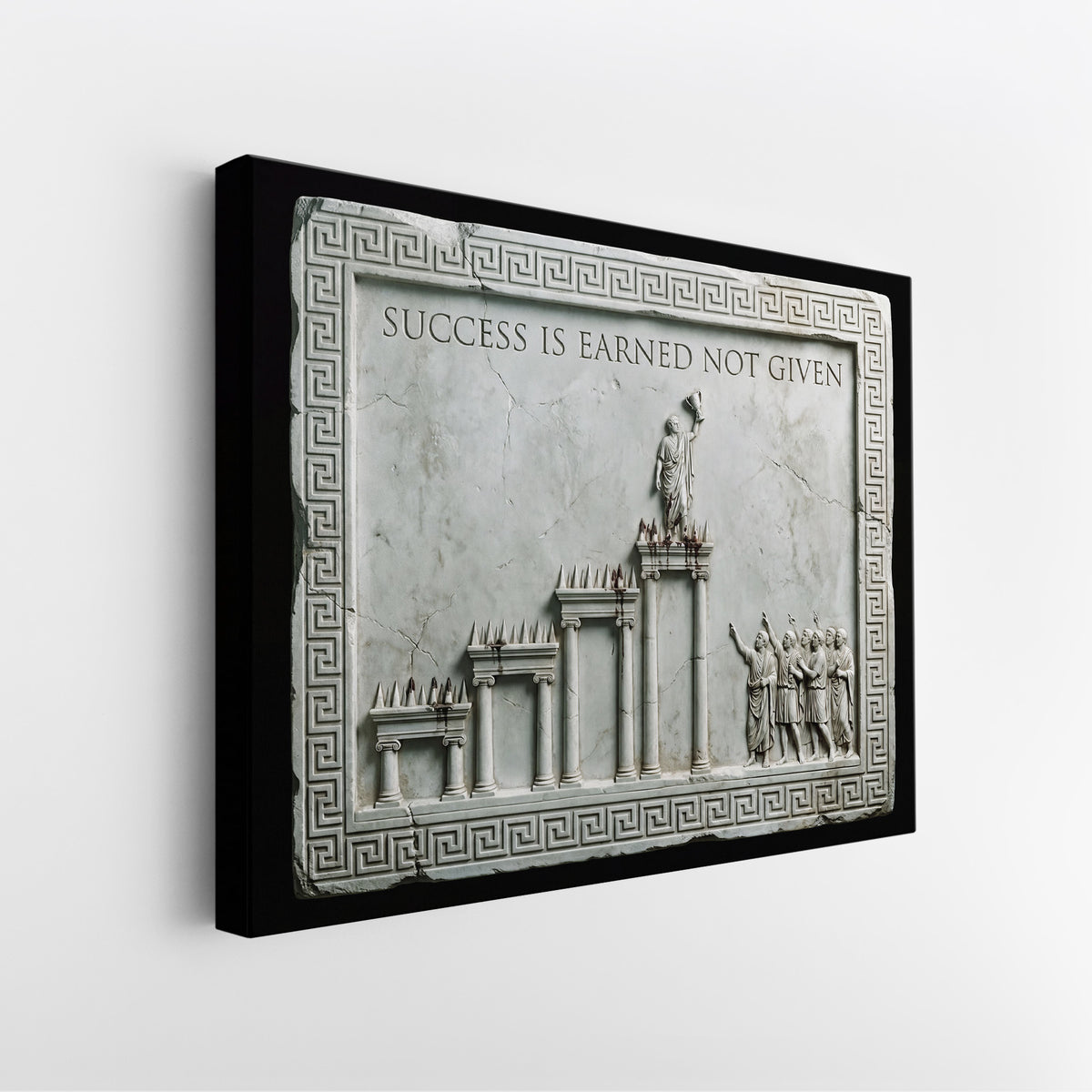 Side view of the Success Is Earned Not Given marble canvas showing the black gallery-wrapped edge