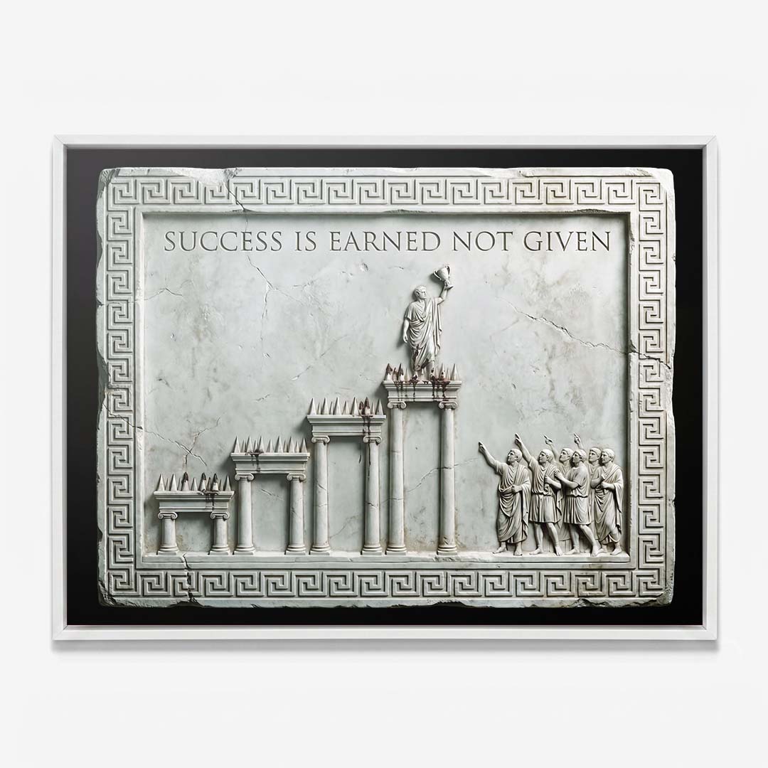 Success Is Earned Not Given marble canvas in a white floating frame