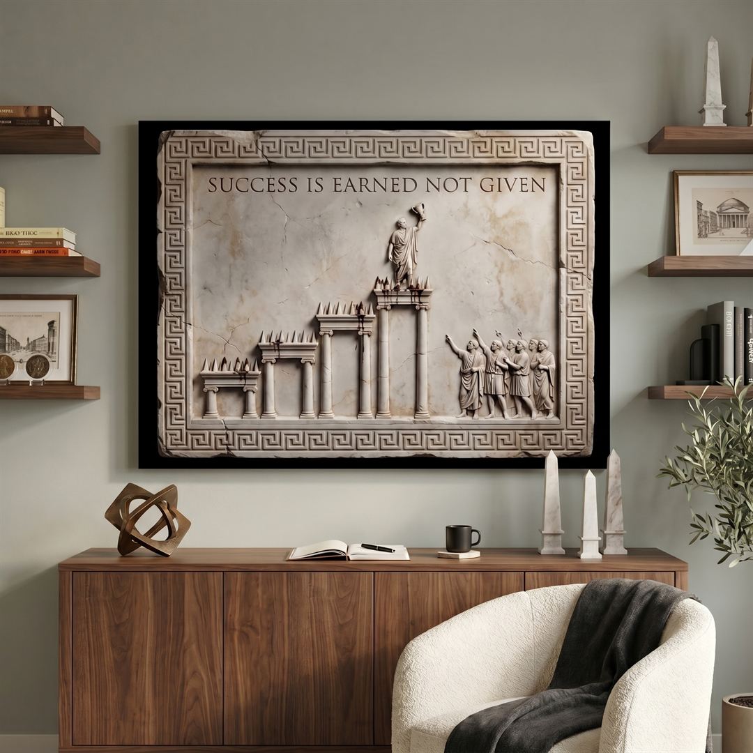 Success Is Earned Not Given marble quote canvas on a sage wall in a modern home office